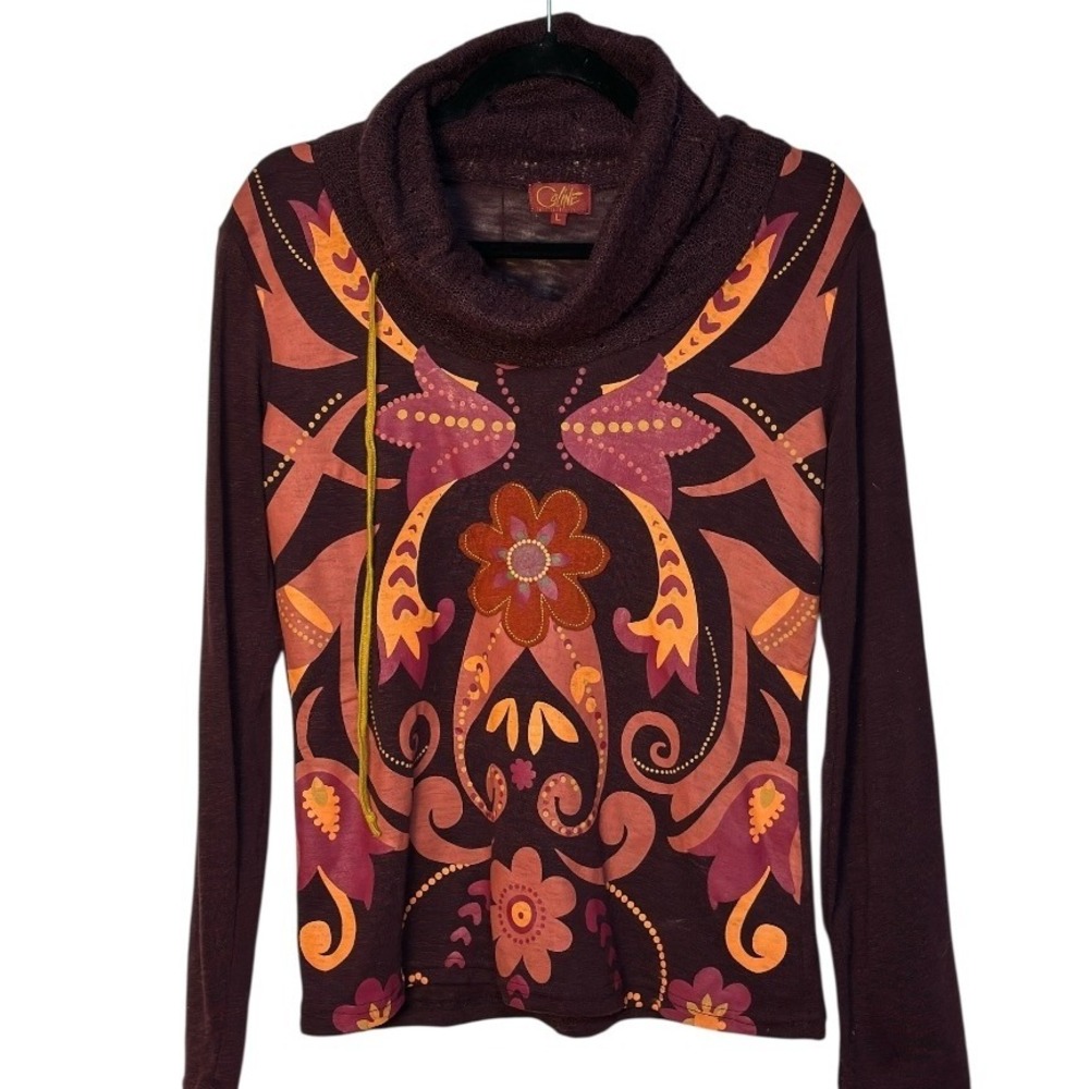 Coline Cowl Neck Top Orange Purple‎ Floral Print Long Sleeve Sweater Maroon L
